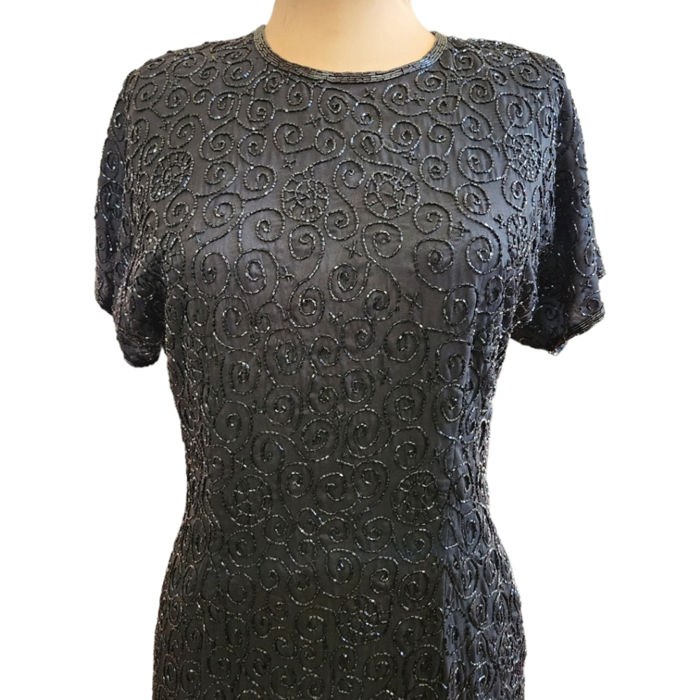 VINTAGE 1980s SISTER MAX Beaded Silk Sheath Cocktail Dress - Size M - Picture 3 of 10
